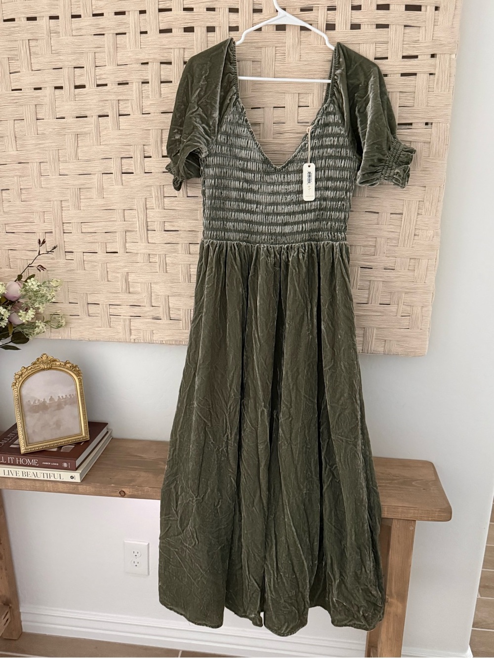 Noralee Velvet Olive Green Smocked Midi Dress NWT